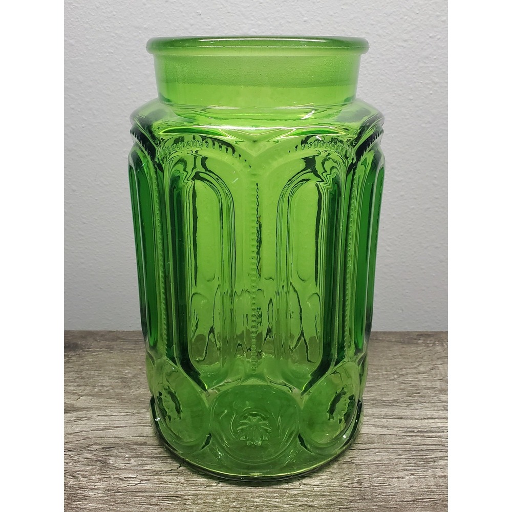 L.E. Smith Moon & Stars Green Glass Apothecary Canister 9.5 Large Jar NO LID EUC
